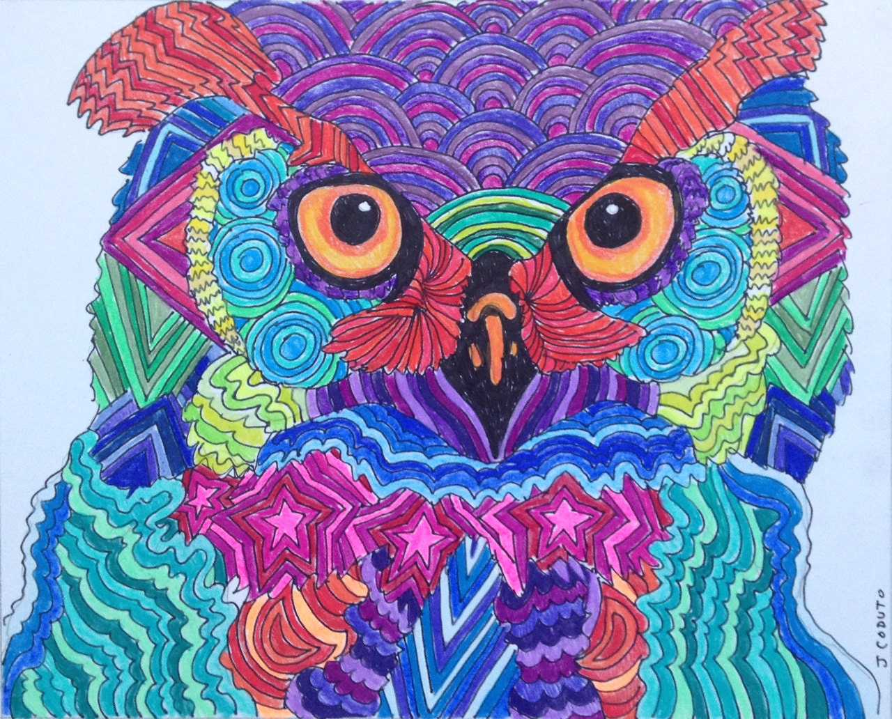Rainbow Owl zentangle original painting. Pen & ink Prismacolor Etsy