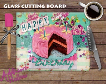 Vintage Happy Birthday Celebration Glass Cutting Board