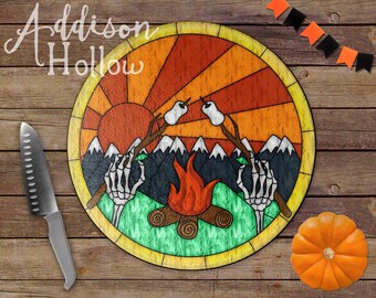 Skeleton Fire Pit Fall Halloween Round Glass Cutting Board