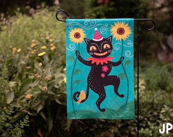 Bandera de jardín o mini bandera de girasol, gato de jardín, color aguamarina, diseño de Johanna Parker.