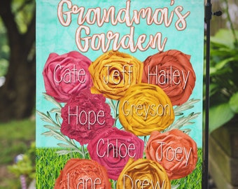 Bandera familiar para exteriores con monograma personalizado para abuela, nieto o abuela en miniatura para jardín o mini jardín.