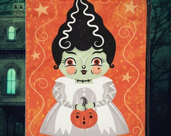 Bandera de jardín o mini bandera de Halloween Novia de Frankenstein Diseño de Johanna Parker Bandera de jardín