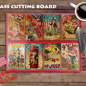 Patriotic Vintage Postcards Memorial Day July 4th American Flag Kitchen Glass Recipe Cutting Board