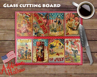 Patriotic Vintage Postcards Memorial Day July 4th American Flag Kitchen Glass Recipe Cutting Board