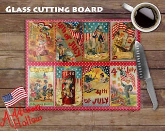 Tabla de cortar con recetas de vidrio para cocina, postales vintage patrióticas, Día de los Caídos, 4 de julio, bandera estadounidense