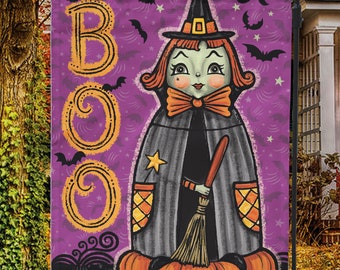Bandera de jardín o mini bandera de Halloween con diseño de bruja morada de Johanna Parker