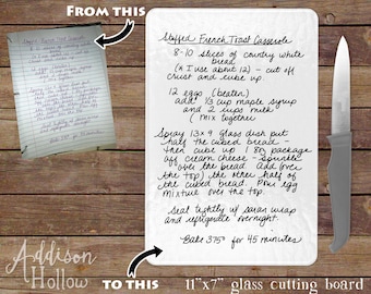 Handwritten Personalized Keepsake Recipe Smaller 11x7 Glass Cutting Board Vertical Orientation