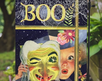 Bandera vintage para jardín o mini bruja de Halloween, linda niña, para exteriores