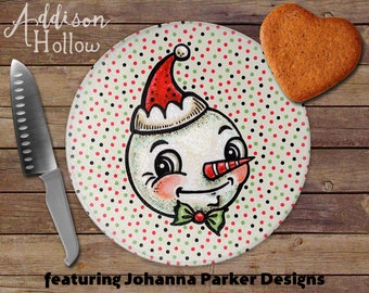 Johanna Parker Snowman on white Round Glass Cutting Board