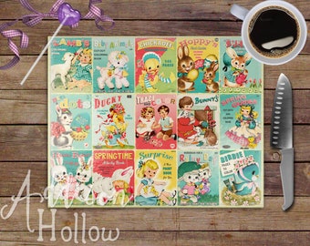 Easter Vintage Book Cover Collage Glass Cutting Board