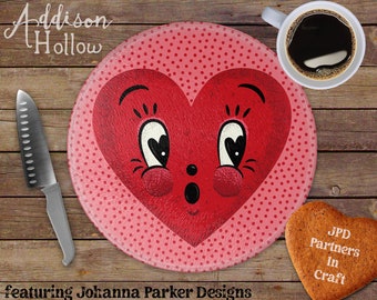 Johanna Parker Valentine Heart Round Glass Cutting Board