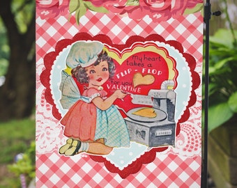 Garden or Mini Flag Vintage Valentine Girl Cooking Outdoor Flag Valentine Valentines Day Be Mine