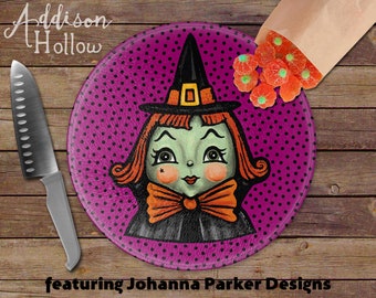 Johanna Parker Halloween Witch Hannah Hocus Round Glass Cutting Board