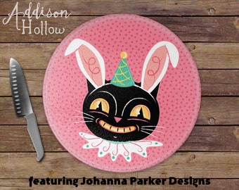 Johanna Parker Easter Bunny Black Cat Round Glass Cutting Board