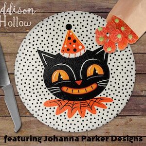 Johanna Parker Halloween Jack Black Cat Round Glass Cutting Board