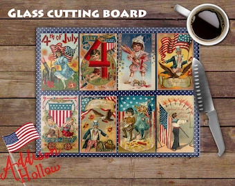 Patriotic Vintage Postcards Memorial Day July 4th American Flag Kitchen Glass Recipe Cutting Board