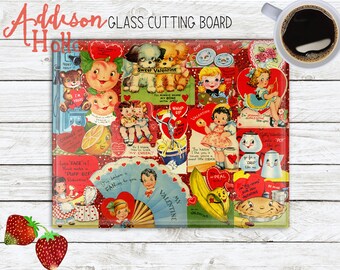 Vintage Valentines Collage Glass Cutting Board