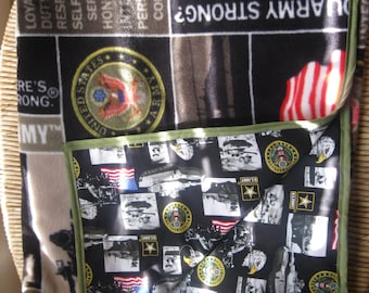 May include: A black and green fleece blanket with a patchwork design featuring the United States Army logo, American flags, and the words "Loyalty, Duty, Respect, Selfless Service, Honor, Integrity, Personal Courage, You Army Strong?"