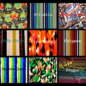 May include: Nine fabric swatches with colourful patterns and stripes. The swatches are labelled with names such as "Bahaman Floral", "Atlantis", "Del Mar Orchid", "Belle Stripes", "Fire Coral", "Calypso", "Seychelles", "Navy Camo", and "Reggae".