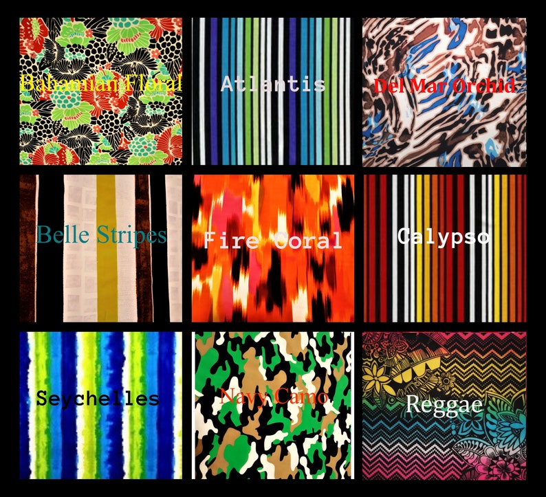 May include: Nine fabric swatches with colourful patterns and stripes. The swatches are labelled with names such as "Bahaman Floral", "Atlantis", "Del Mar Orchid", "Belle Stripes", "Fire Coral", "Calypso", "Seychelles", "Navy Camo", and "Reggae".