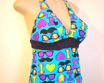 Seamed Halter Tankini Top: Open Back Custom Swimsuit