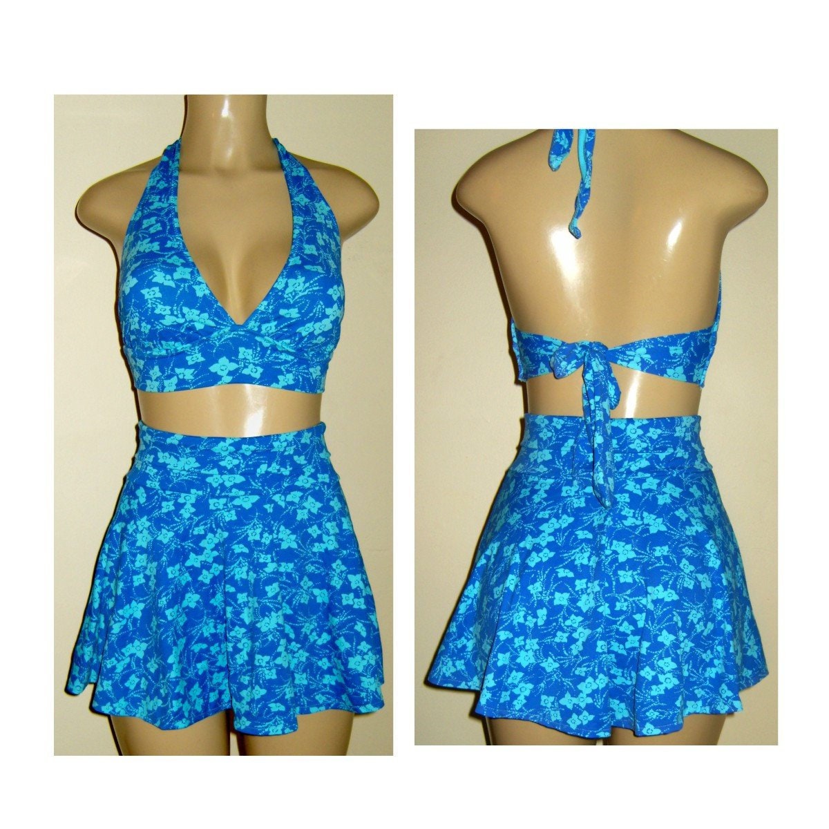 Skirted Swimwear Halter Top, Flared Swimsuit Skirt Bottom, Tie Back Bikini  Top, High Waisted Skirt Bathing Suit 