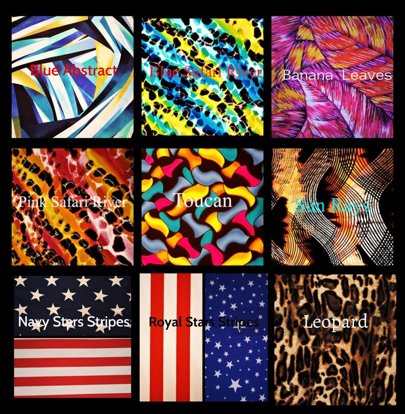 May include: Nine fabric swatches with a variety of patterns and colours. The swatches include blue abstract, blue safari river, banana leaves, pink safari river, toucan, sun rays, navy stars stripes, royal stars stripes, and leopard.