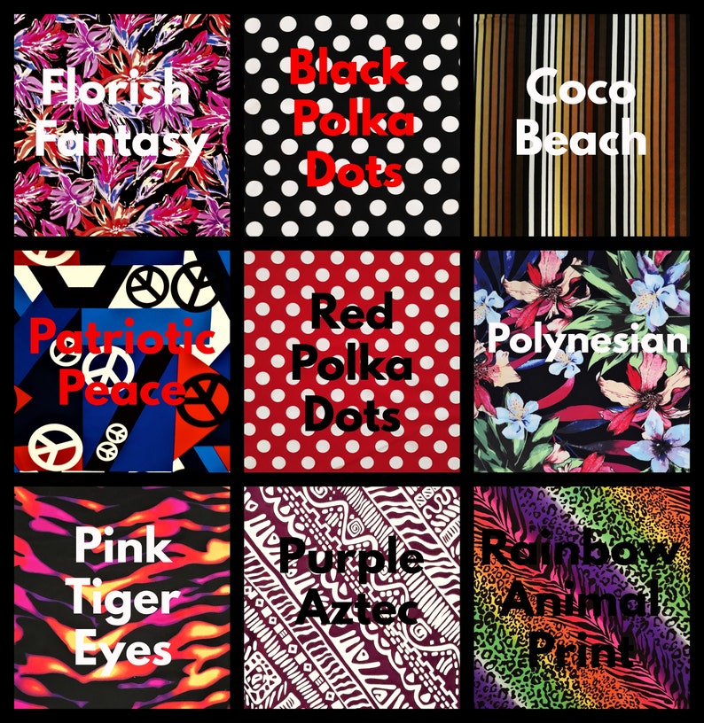 May include: Nine fabric swatches with a variety of patterns and colours. The swatches include: Florish Fantasy, Black Polka Dots, Cocoa Beach, Patriotic Peace, Red Polka Dots, Polynesian, Pink Tiger Eyes, Purple Aztec, and Rainbow Animal Print.