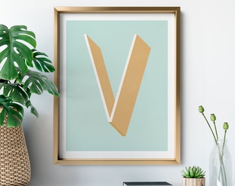 The Letter V, Original Giclee Art Print, Typography, Alphabet, Monogram, Blue, Gold