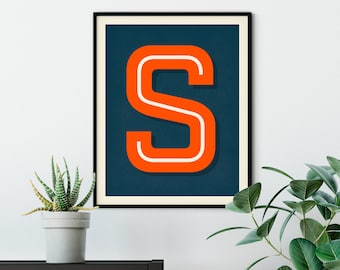 The Letter S, Original Giclee Art Print, Typography, Alphabet, Monogram, Red Orange, Cream, Midnight Blue