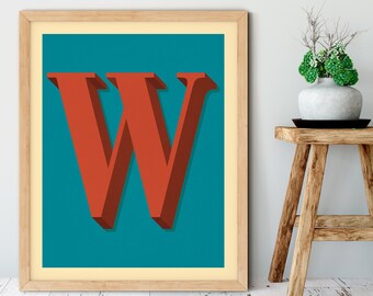 The Letter W, Too - Original Giclee Art Print, Typography, Alphabet, Monogram, Red, Burgundy, Blue