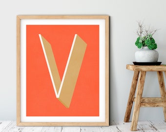 The Letter V, Original Giclee Art Print, Typography, Alphabet, Monogram, Orange and Gold