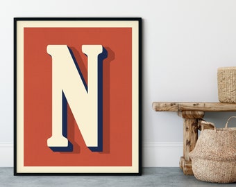 The Letter N, Original Art Print, Typography, Alphabet, Red, Midnight Blue, Cream