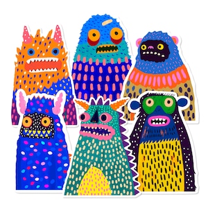 May include: A collection of six colorful monster stickers featuring various patterns and textures. The creatures are depicted in vibrant shades of orange, blue, green, yellow, and purple, each with distinct facial features, horns, and wide-eyed expressions.