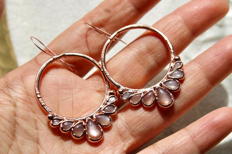 Sunstone Earrings Sunstone Hoops Drop Earrings Copper Earrings Sunstone Jewelry Gemstone Hoops Elegant Earrings Rose gold zdjęcie 4