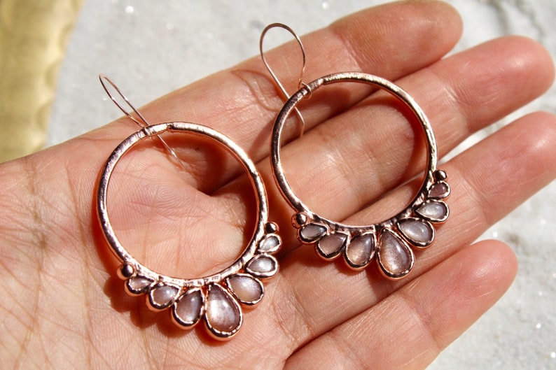 Sunstone Earrings Sunstone Hoops Drop Earrings Copper Earrings Sunstone Jewelry Gemstone Hoops Elegant Earrings Rose gold zdjęcie 5