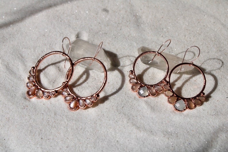 Sunstone Earrings Sunstone Hoops Drop Earrings Copper Earrings Sunstone Jewelry Gemstone Hoops Elegant Earrings Rose gold zdjęcie 1