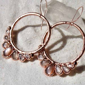 Sunstone Earrings Sunstone Hoops Drop Earrings Copper Earrings Sunstone Jewelry Gemstone Hoops Elegant Earrings Rose gold zdjęcie 2