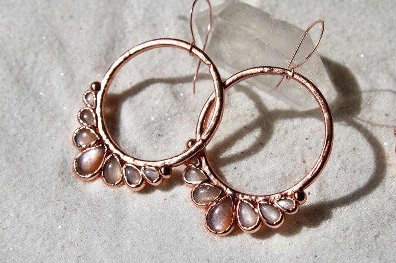 Sunstone Earrings Sunstone Hoops Drop Earrings Copper Earrings Sunstone Jewelry Gemstone Hoops Elegant Earrings Rose gold zdjęcie 2