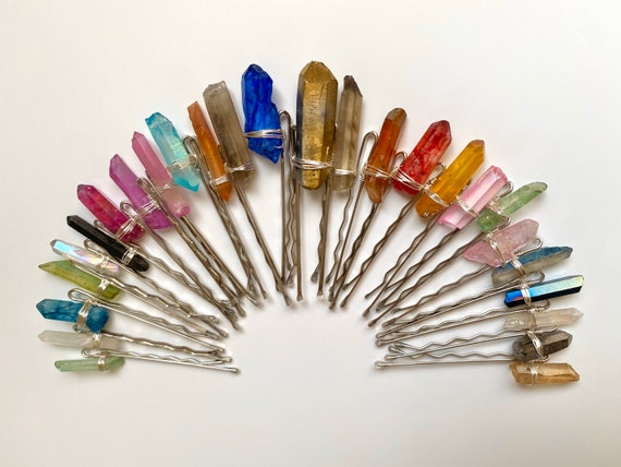 Raw Aura Quartz Hair Pins: Fine Silver Wire Hairpiece - Etsy display picture 2