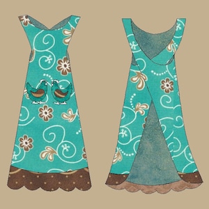 May include: A turquoise blue apron with a brown and white floral pattern. The apron has a criss-cross back and a scalloped hem. Two small embroidered birds are on the front pocket.
