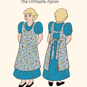 May include: A sewing pattern for an apron with a floral print. The pattern includes instructions for sewing by hand or machine. The apron has a large pocket on the front and a bow tie in the back. The pattern is presented by Prairie Cottage Corner.