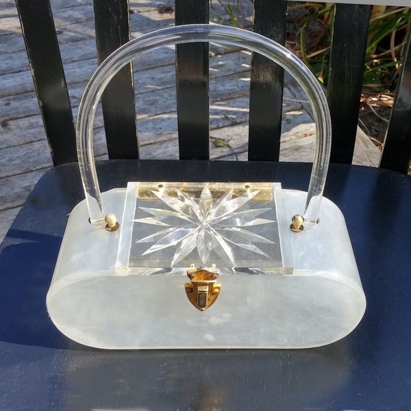 Lucite Vintage caja monedero de mármol blanco con tapa transparente tallada