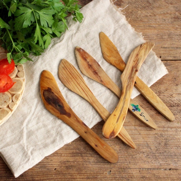 Vintage Wooden Spreader Set of 5, Swedish Handcarved Wood Knives Spatulas Set, Primitive Kitchen, Rustic Butter Knife, Cottage Decor