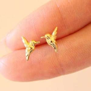 Può includere: Un paio di orecchini a forma di colibrì dorati. Gli orecchini sono piccoli e delicati e presentano un design di colibrì dettagliato.