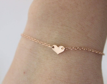 Pulsera de corazón de oro rosa, pulsera de corazón delicada, pulsera sencilla y delicada, regalo de dama de honor, regalo para mamá, pulsera de plata, joyería para todos los días