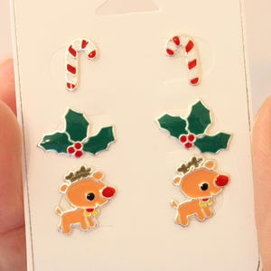 Rudolph Earrings, Candy Cane Stud earrings, Holy leaf stud earrings, Christmas Gift Gift for Children gift for girl Cute Holiday Jewelry