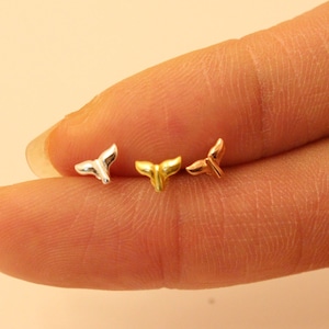 Tiny whale tail cartilage earring, tragus earring, tiny nose stud, rose gold cartilage fin stud earring, gold stud, gold nose stud, piercing