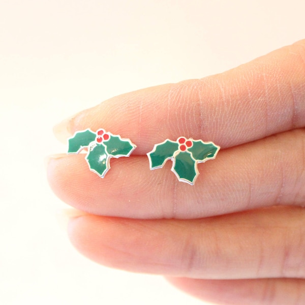 Holly Leaf Stud earrings, Silver Leaf stud earrings, gift for girl, Christmas Gift, stud earrings, Gift for Children, green leaf, cute stud