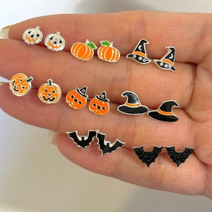 Halloween stud earrings, Bat earrings pumpkin earrings Jack o lantern Witch Hat fall decor, Witches earrings Tiny earrings Tiny Cute earirng